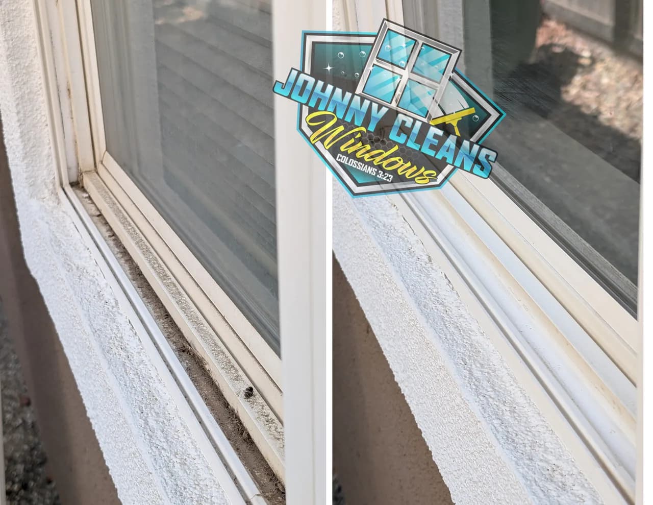 A window sill and track before and after cleaning: grit and grime on the left, bare clean track on the right.
