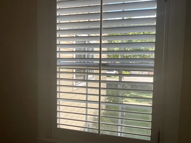 Interior plantation shutters photographed into the light from inside the reviewer's house.